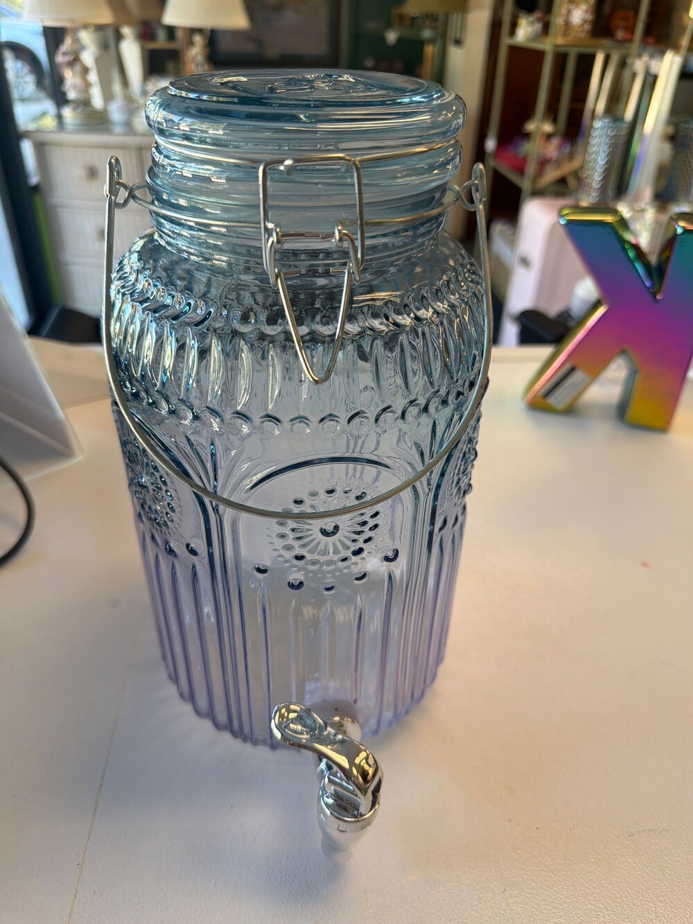 Glass Beverage Dispenser with Spigot Clear Embossed Pattern